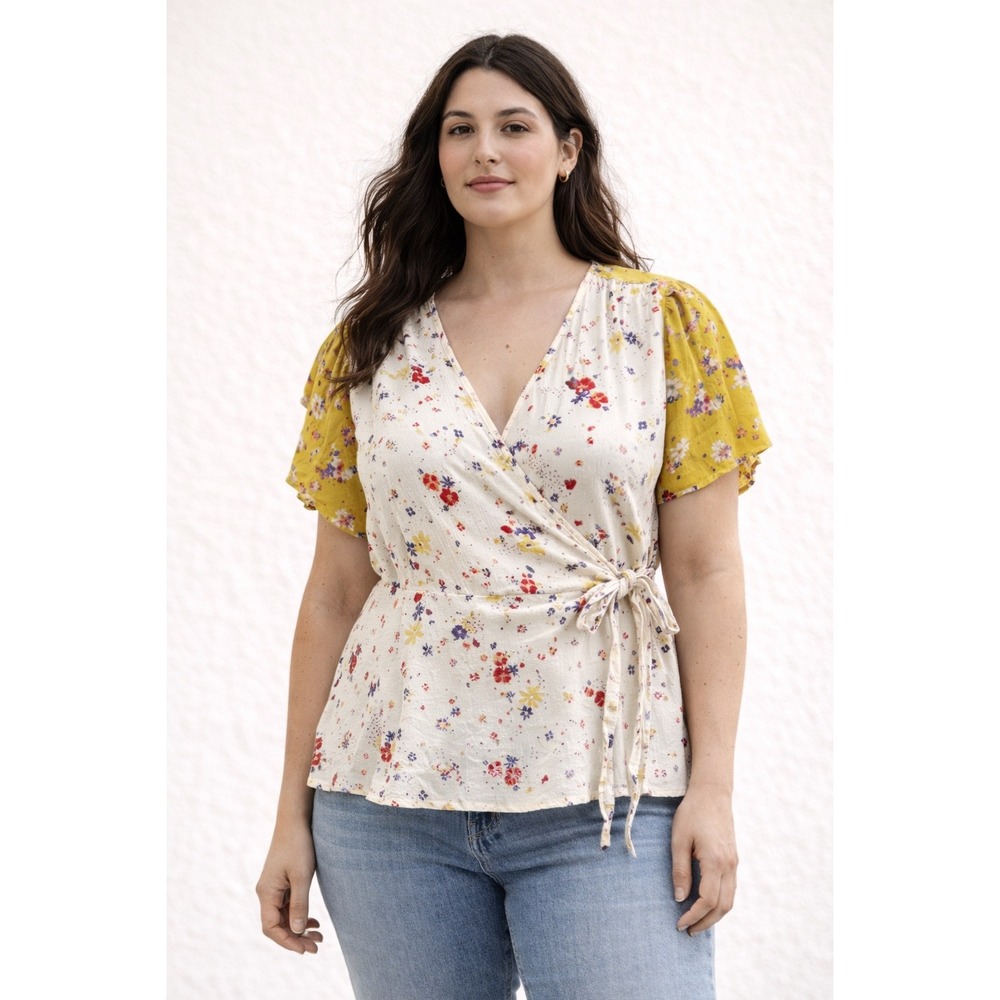 Meadow Rue Anthropologie Floral Wrap Top Yellow Cream Mixed Media Womens Size 12